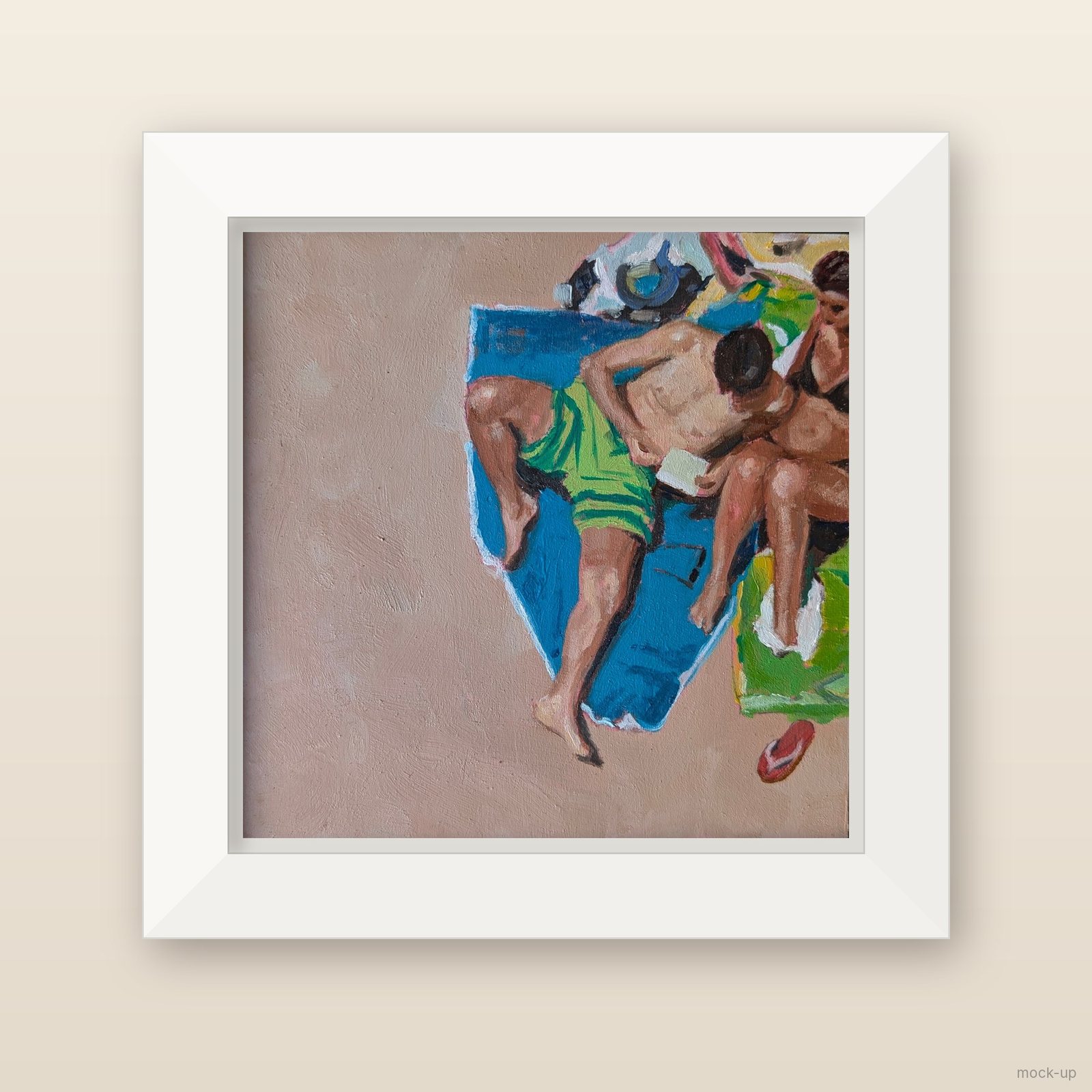 Small oil painting of a couple on bright beach towels seen from above, on warm pink sand