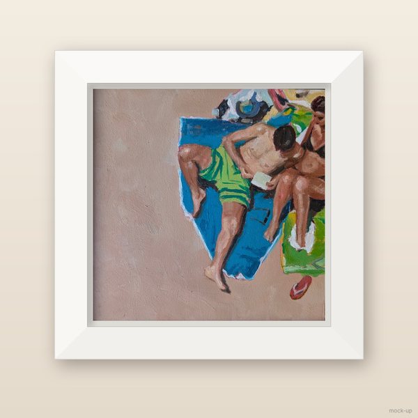 Small oil painting of a couple on bright beach towels seen from above, on warm pink sand