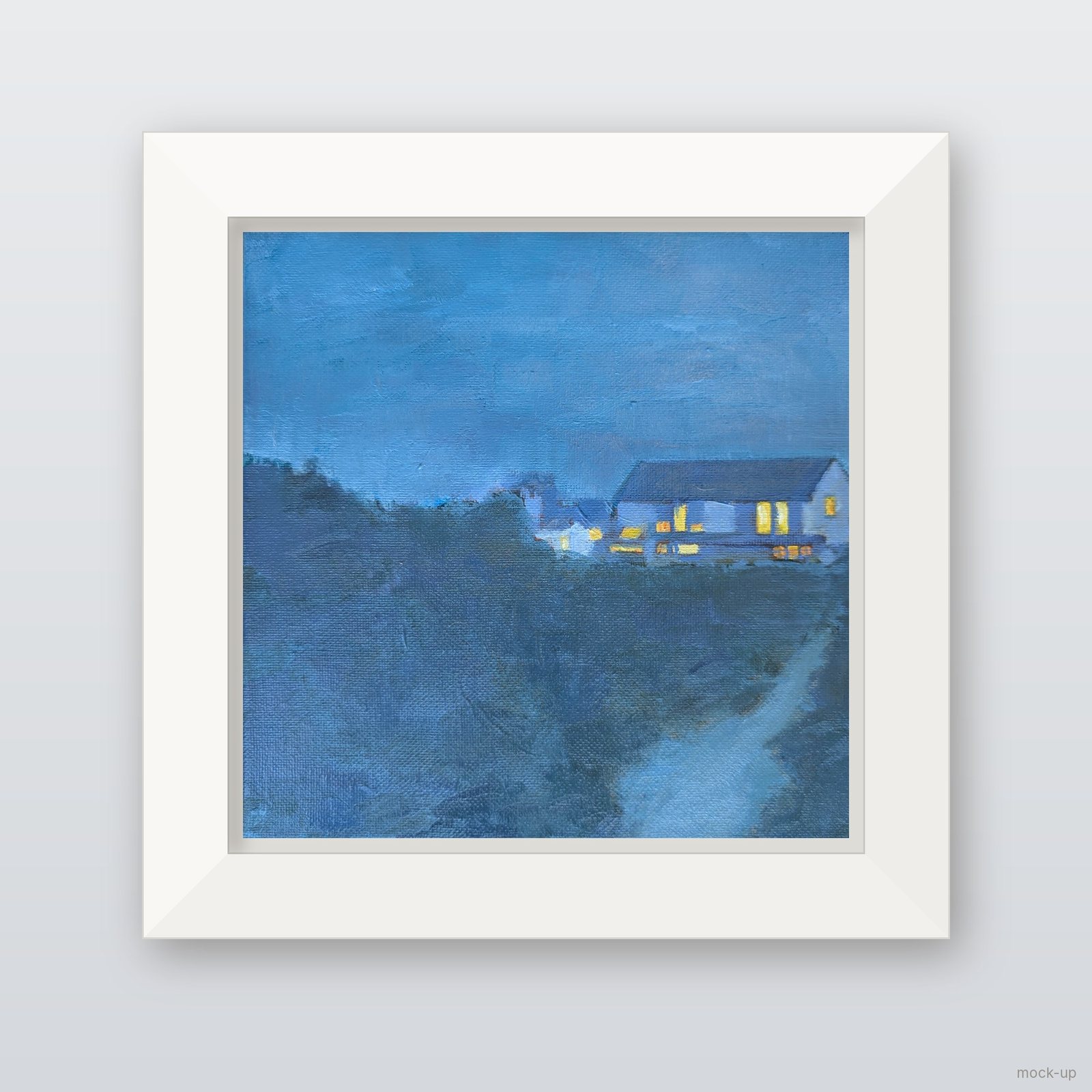 Small oil painting of a white house on a hill at blue hour, its windows lit yellow