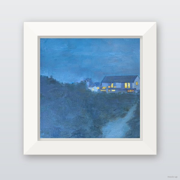 Small oil painting of a white house on a hill at blue hour, its windows lit yellow