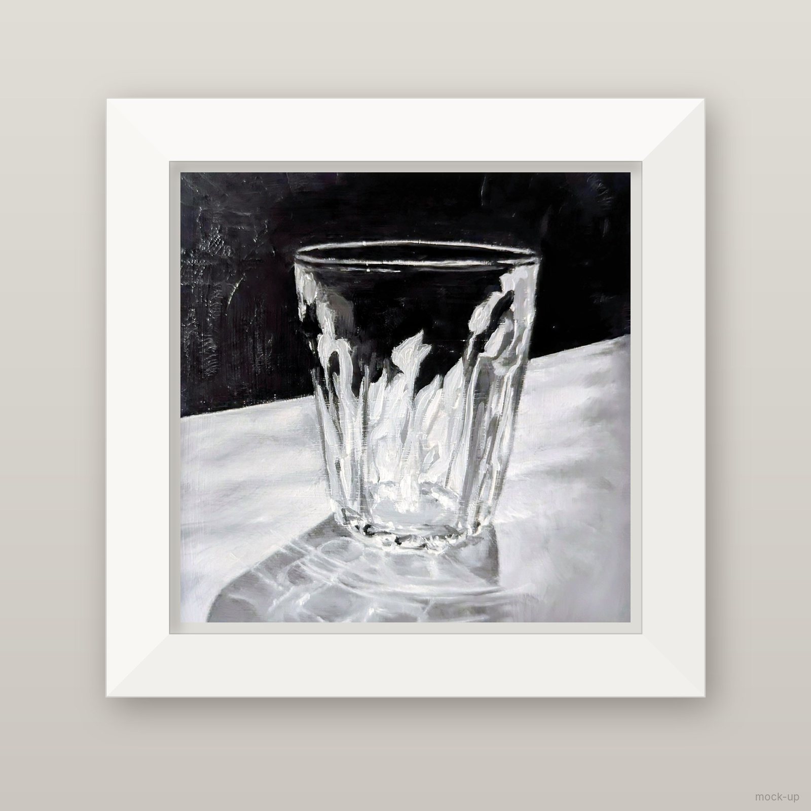 Small oil painting in greys of a cut-glass tumbler on a white cloth against a black background
