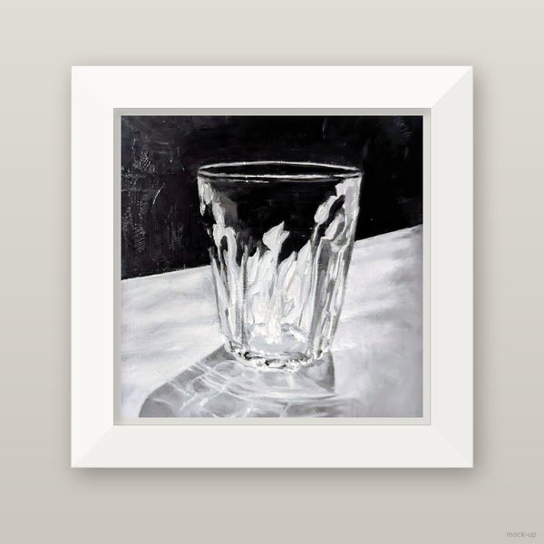 Small oil painting in greys of a cut-glass tumbler on a white cloth against a black background