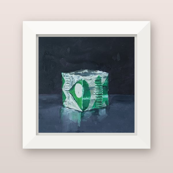 Small oil painting of an OXO cube